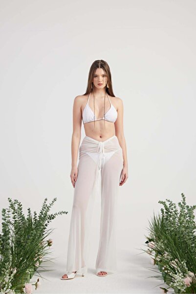 HOLLY LOLLY Beli İp Detaylı Tül Pareo Shirred Pantolon Beyaz