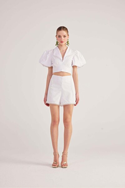HOLLY LOLLY Astarlı, Brode Detaylı Poplin Fairy Şort Beyaz