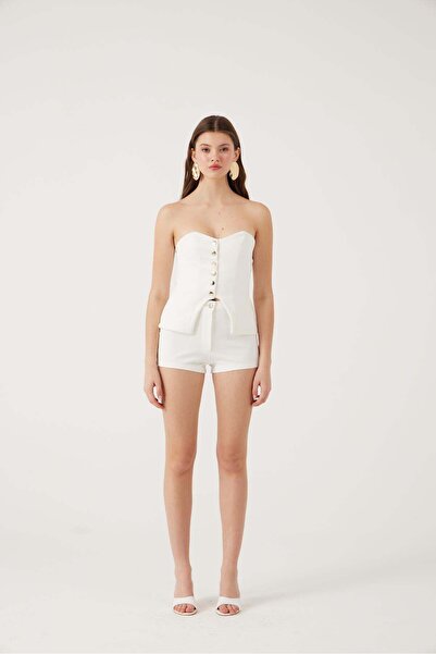 HOLLY LOLLY Yüksek Bel Fermuarlı Mini Bailey Şort Beyaz