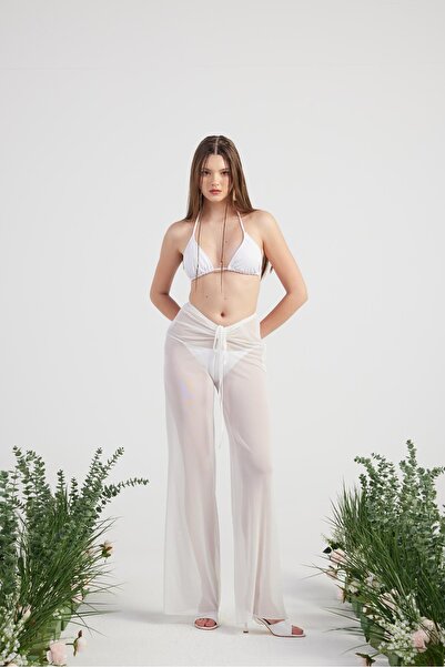 HOLLY LOLLY Beli İp Detaylı Tül Pareo Shirred Pantolon Beyaz