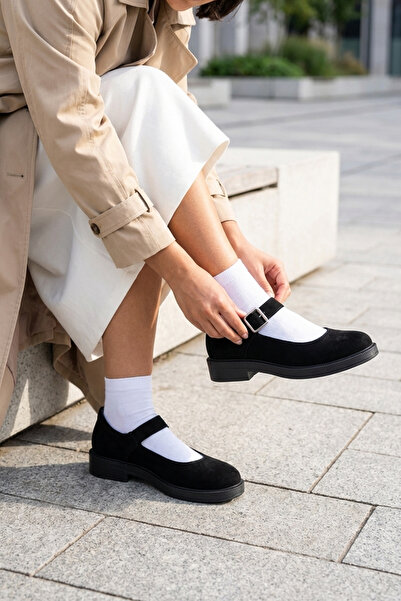 GRADA Μαύρα σουέτ γνήσια δερμάτινα γυναικεία παπούτσια μπαλαρίνας Mary Jane μ...