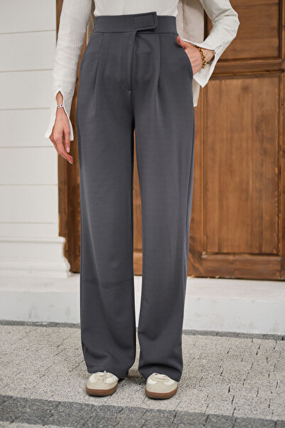 LOCCO Pantaloni de damă din țesătură cu detalii cu cârlig și buclă, afumati