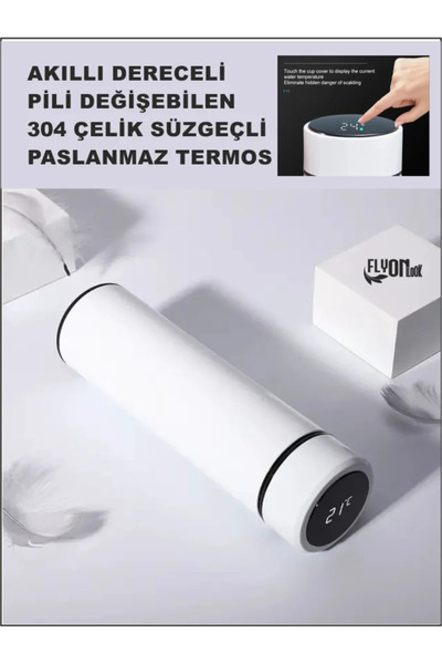 FLYONLOOK Derece Göstergeli  Çelik  Termos Pili Değişebilen Kamp,Araç,Ofis Sü...