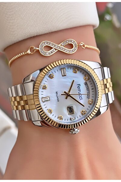 Ferrucci Marka Çift Renk Çelik Kordon 2 Yıl Garantili Kadın Kol Saati - Bileklik
