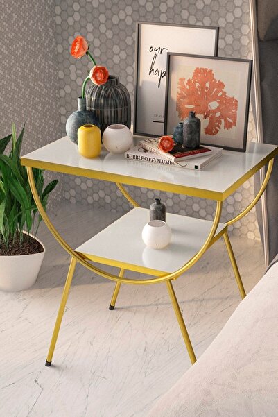 GOLDFALEZ Yan Sehpa Komodin Metal Ayak Gold Beyaz