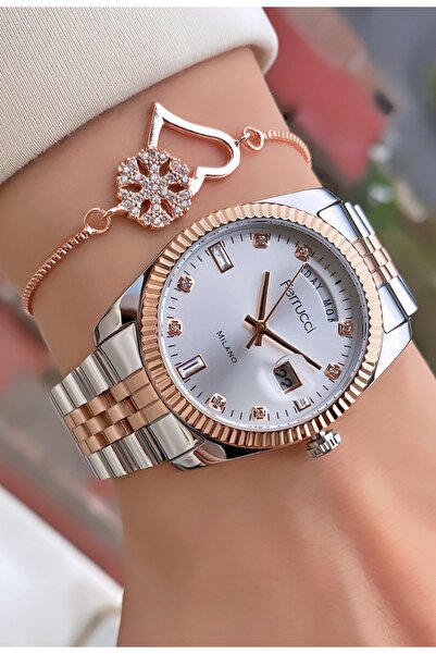 Ferrucci ساعة يد نسائية بسوار فولاذي بلون فضي وردي - هدية سوار