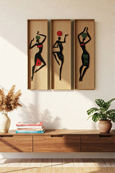 MiniVagon Afrikalı Kadınlar 3'lü Ahşap Tablo Seti Etnik Bohem Modern Salon Du...