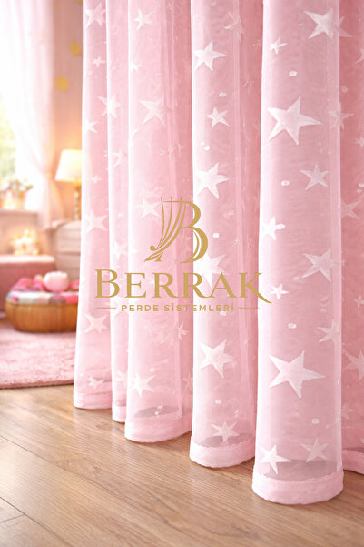 BerrakPerde Pembe Yıldızların Altında Prenses Odası Sık Pileli Tül Perde Kız ...