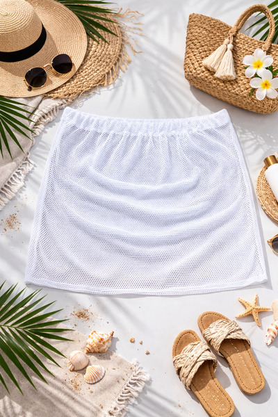 ELMODA Fustă mini Ecru elastic cu textură de plasă pentru femei - pentru călă...