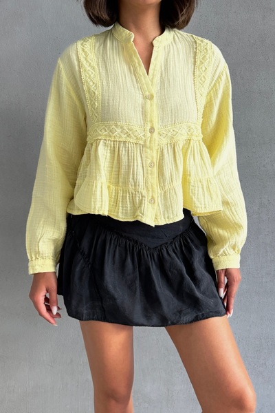 BEJNA Cămașă de damă din muselină cu dantelă galbenă