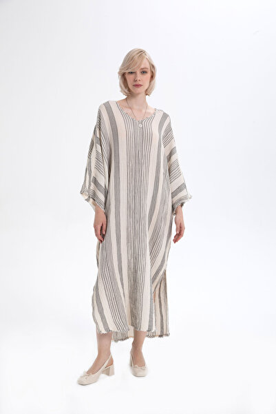 İpekçi Otantik Çizgili Etamin Dokulu Oversize Elbise Gri
