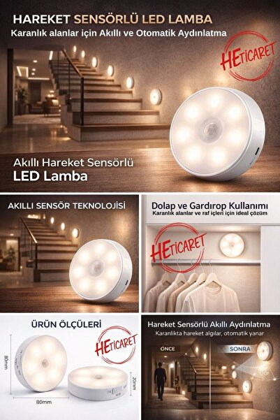 HETicaret Hareketli Led Sensörlü şarjlı Dolap içi Oda Mutfak Salon Led Dekoratif