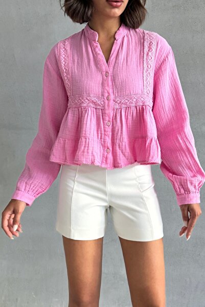 BEJNA Kadın Pembe Dantel Detaylı Müslin Gömlek