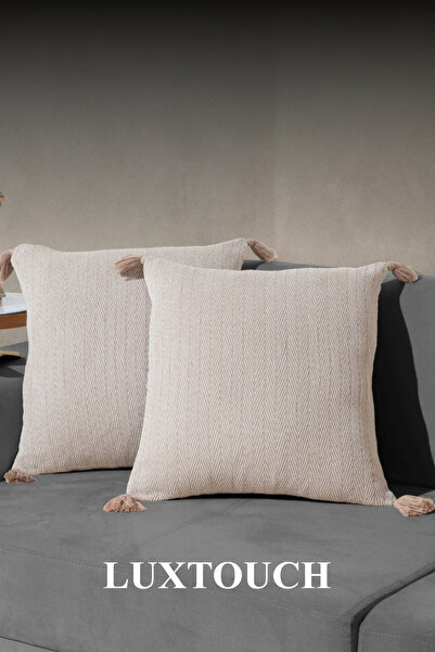 Lux Touch Vera Bej 2'li Ponponlu Kırlent Kılıfı 45 x 45 cm Yastık Minder Kılı...