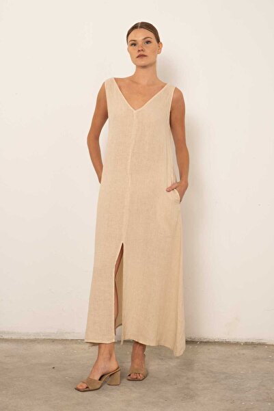 İpekçi Otantik V Yakalı Yırtmaçlı Ham Keten Elbise Bej