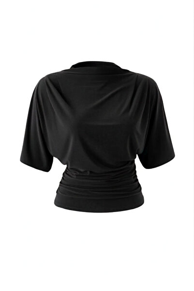 World Fashion Trends بلوزة سوداء بأكمام جناح الخفاش وحزام خصر مطاطي E مرن