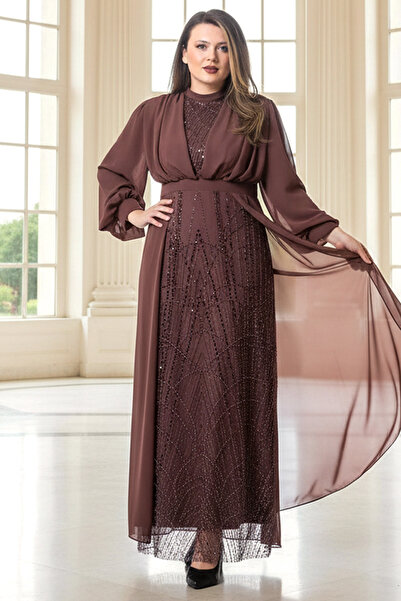 SUBU TASARIM Rochie de seara din sifon cu detalii de prelucrare Dusty Rose TB...