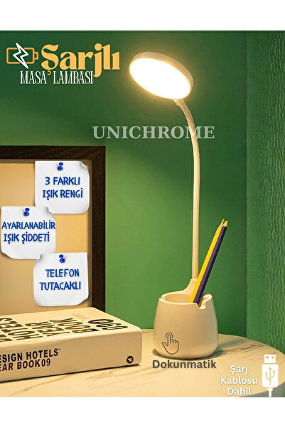Unichrome Şarjlı Masa Lambası 3 Renk Dokunmatik Telefon Standlı Bükülebilir Ç...