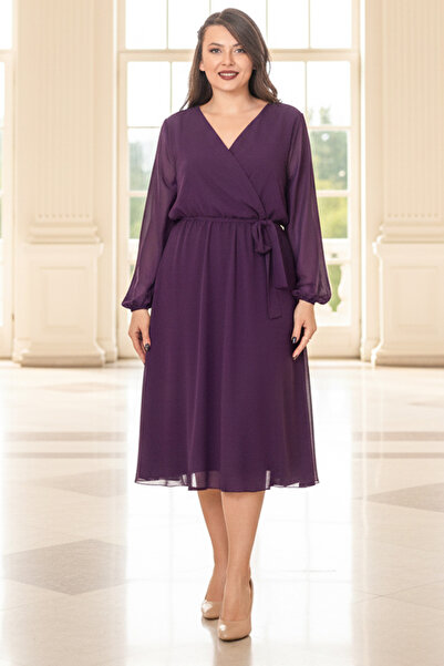 SUBU TASARIM Purple Chiffon Evening Dress with Belt Detail, Tbs916