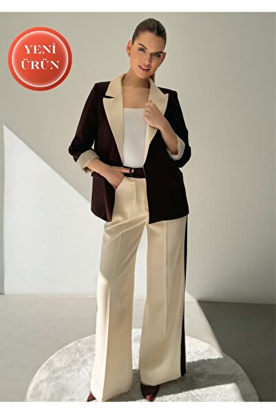 ossons Kontrast Renk Garnili Blazer Ceket Palazzo Pantolon Krem - Mürdüm Kadı...