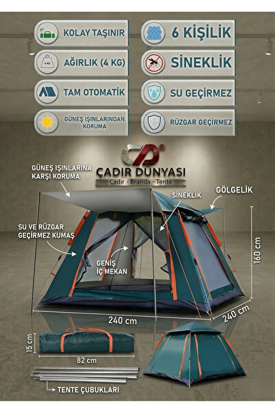 Çadır Dünyası Kamp Ekipmanları Çadır Dünyası Pratik Kurulumlu Gölgelikli Çadı...