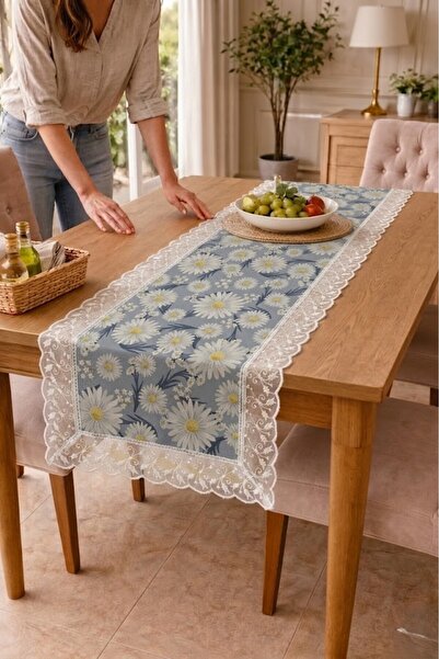Rona Home Δαντελένιο ράνερ με μοτίβο μπλε μαργαρίτας, κομψό μοντέρνο φλοράλ σ...