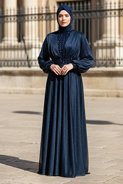 SUBU TASARIM Тъмносиня вечерна рокля с хиджаб в големи размери - бляскав тюл,...