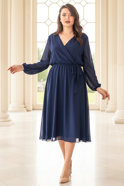 SUBU TASARIM Belt Detailed Chiffon Evening Dress Navy Blue Tbs916