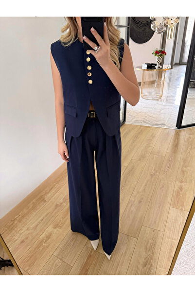 My Blog طقم بنطلونات كحلي حزام قطعة سترة - 9716