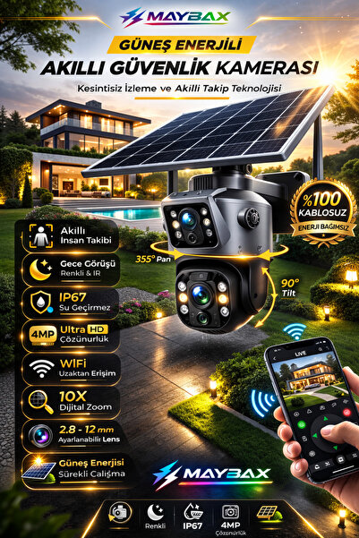Maybax Güneş Enerjili WiFi IP67 Su Geçirmez PTZ Akıllı İnsan Takipli Gece Gör...