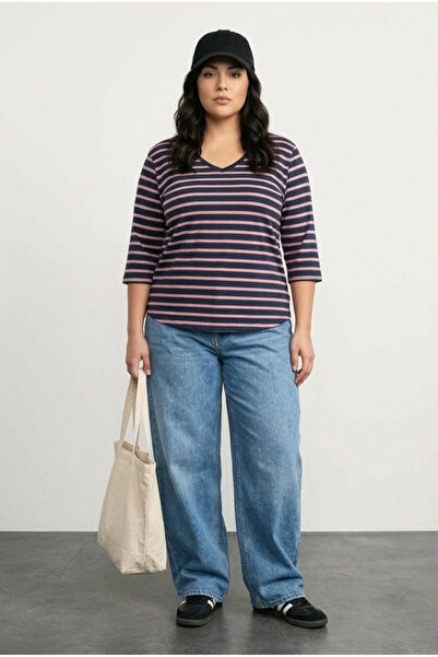 Stil Diva Sweat subțire cu dungi, cu decolteu în V, mărime mare tricou 10971118