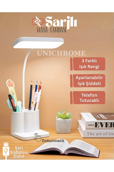 Unichrome Şarjlı Masa Lambası 3 Renk Dokunmatik Telefon Standlı Kademeli Ders...