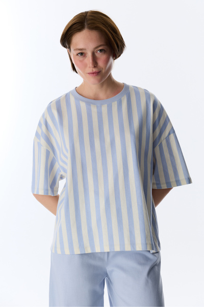 Penti Mavi Cozy Club Pamuklu Çizgili Tişört Pijama Üstü