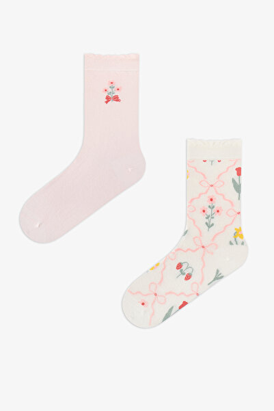 Penti 2 Çift Burun Dikişsiz Pamuklu Renkli Çiçek Desenli Fırfırlı Soket Çorap