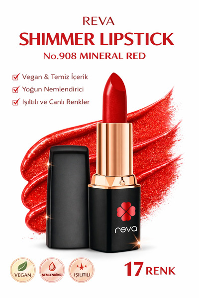 REVA أحمر شفاه شيمر مينيرال ريد رقم: 908 أحمر شفاه نباتي نظيف ولامع