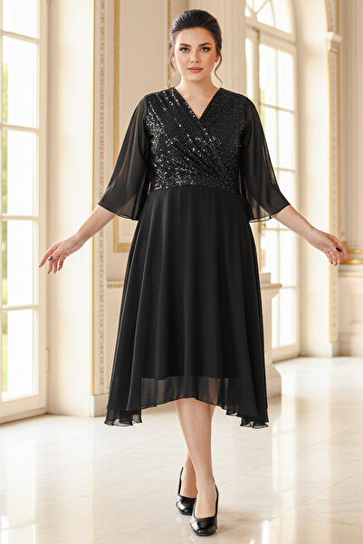 SUBU TASARIM Sequin Sequin Detailed Evening Dress Black Tbs910