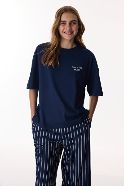 Penti Lacivert Cozy Stripes Pamuklu Pantolon Pijama Takımı