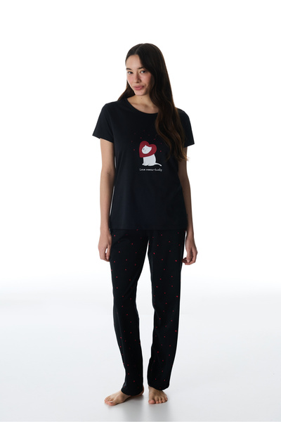 Penti Μαύρο σετ πιτζάμες παντελονιού Meow-Tually Βαμβάκι τεμαχίων