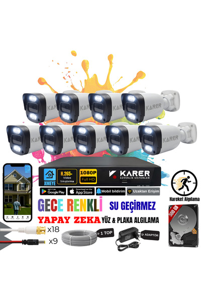 EXİTCAM 9 KAMERALI-RENKLİ GÖRÜŞ-SU GEÇİRMEZ-YÜZ ve ARAÇ TANIMALI-YAPAY ZEKA AYRICALIKLI GÜVENLİK SET