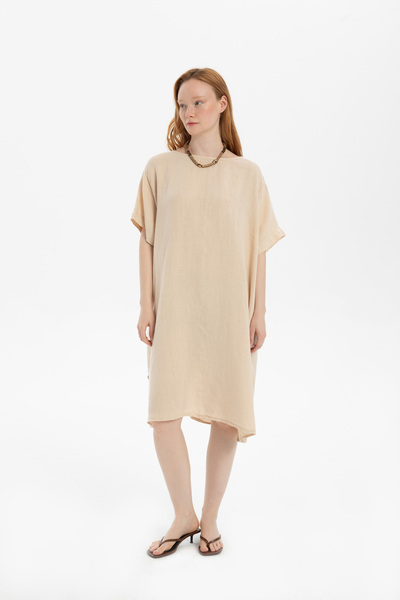 İpekçi Otantik Linen Oversize Midi Dress Beige