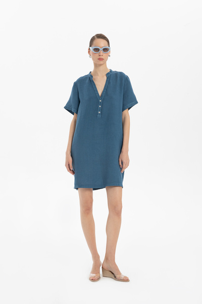 İpekçi Otantik V Yaka Keten Oversize Tunik Elbise