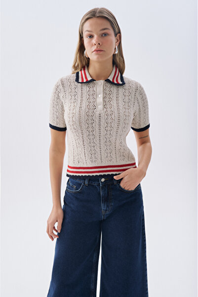 Mudo Lace-Like Knit Polo Collar Short Sleeve Sweater