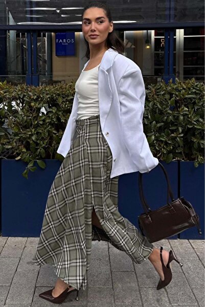 Madmext Green Plaid Patterned Slit Detailed Double-Breasted Midi Women's Skir...