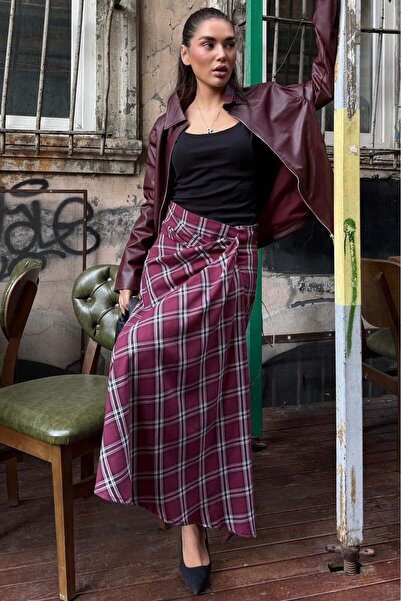 Madmext Burgundy Plaid Patterned Slit Detailed Double-Breasted Midi Women's S...