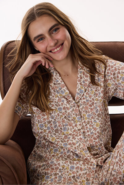 Penti Set de pijamale din bumbac piese, cămașă și pantaloni, cu model floral bej