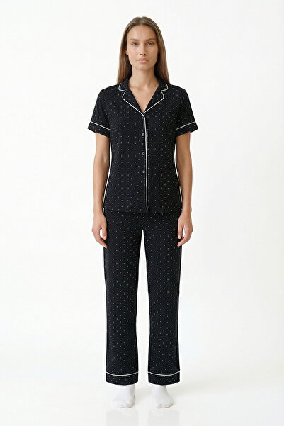 Penti Μαύρο Σετ Πιτζάμες με Πουά Βαμβάκι τεμαχίων (Πουκάμισο και Παντελόνι)