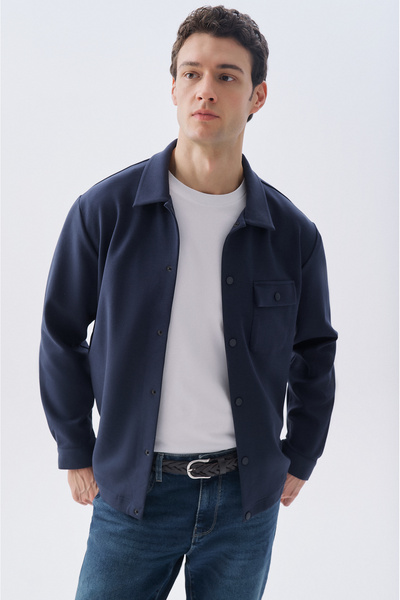 Mudo Men's Navy Blue Regular Fit Jacket with Pocket Detail