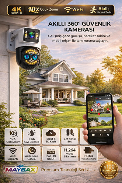 Maybax 1920*1080p WiFi Güvenlik Kamerası 360° Akıllı Gece Görüş IP66 Su Geçir...
