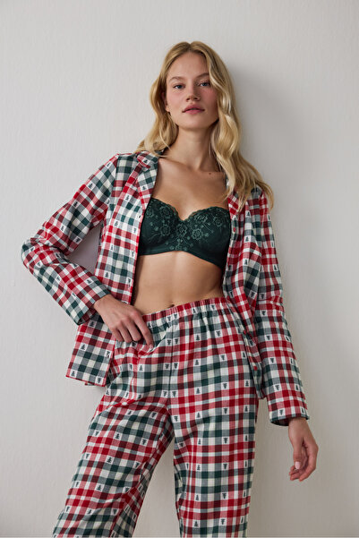 Penti Kırmızı Ekoseli Gömlek Yaka Yılbaşı Pamuklu Pijama Takımı