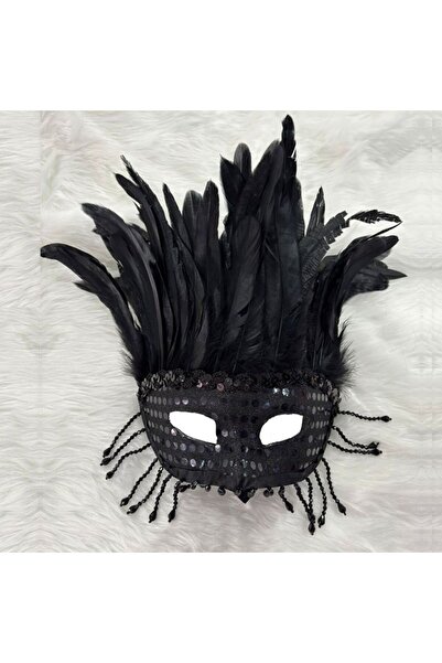 partidolu قناع حفلات بلاستيكي أسود مزين بالريش والخرز والترتر لحفلات الزفاف و...